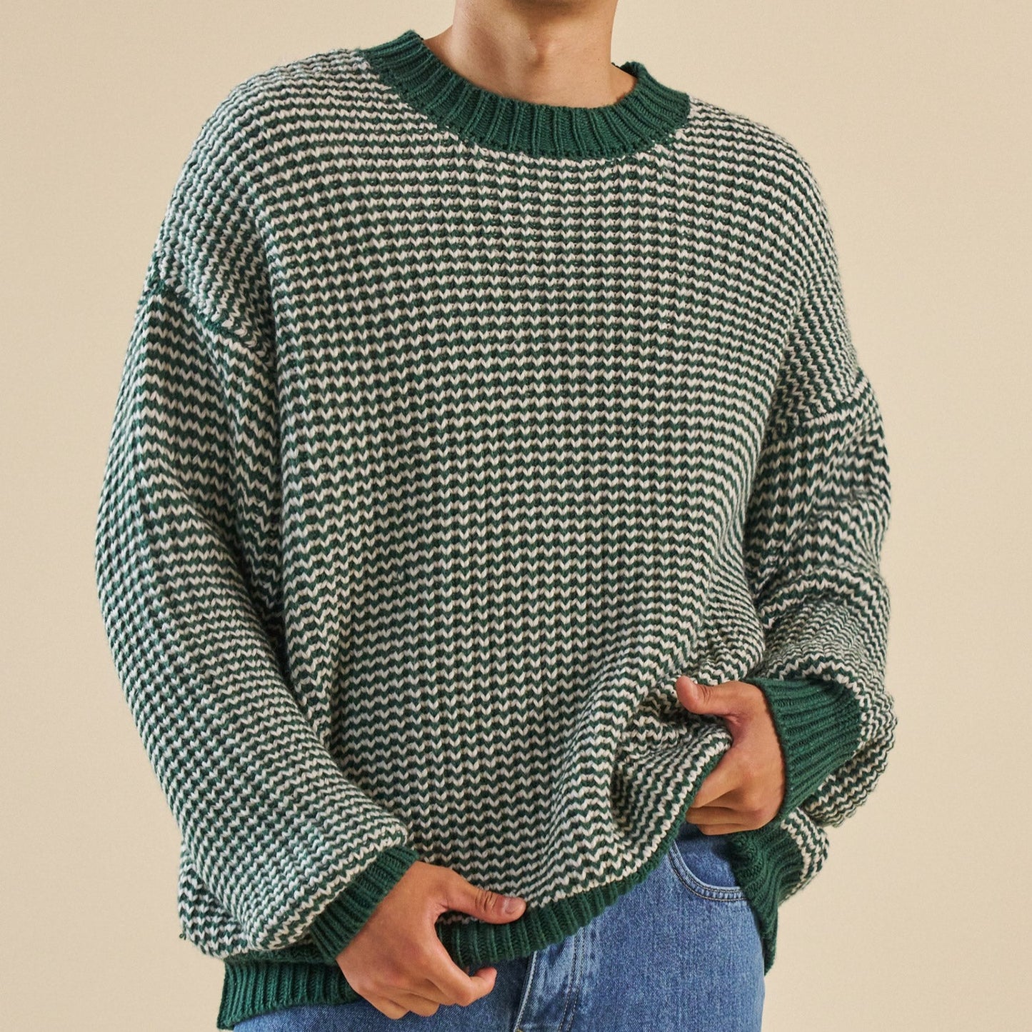 bound Green Stripe Chunky Knit Rib Oversized Sweater