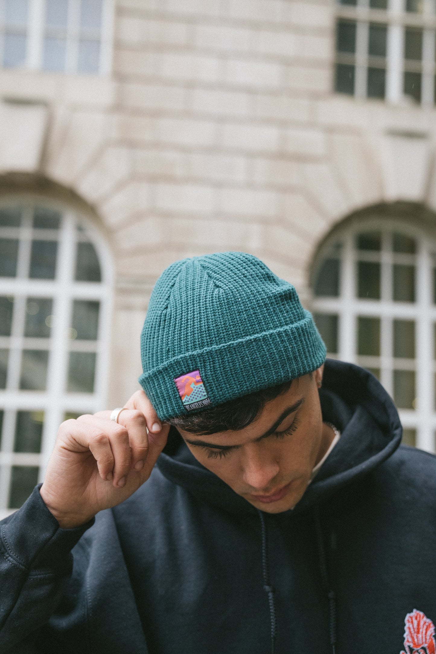 Vice 84 'Runner Patch' Ribbed Fisherman Beanie - Black / Grey / Forest / Light Blue