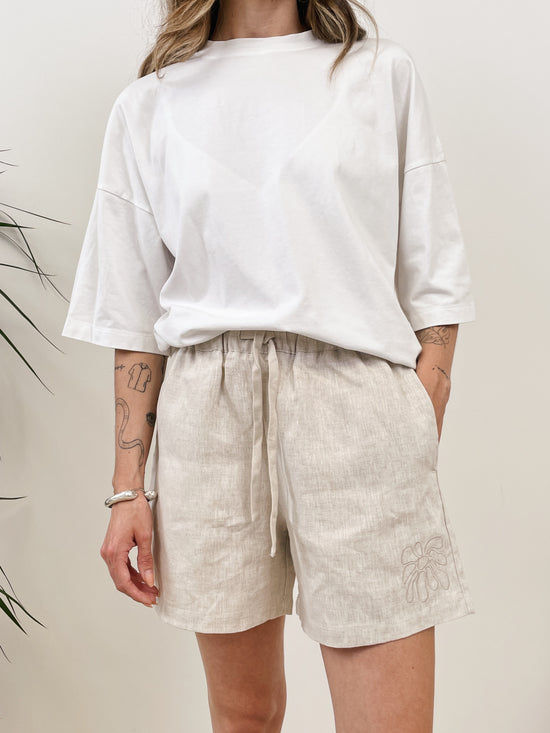 FLWRS Embroidered Linen Shorts - Natural