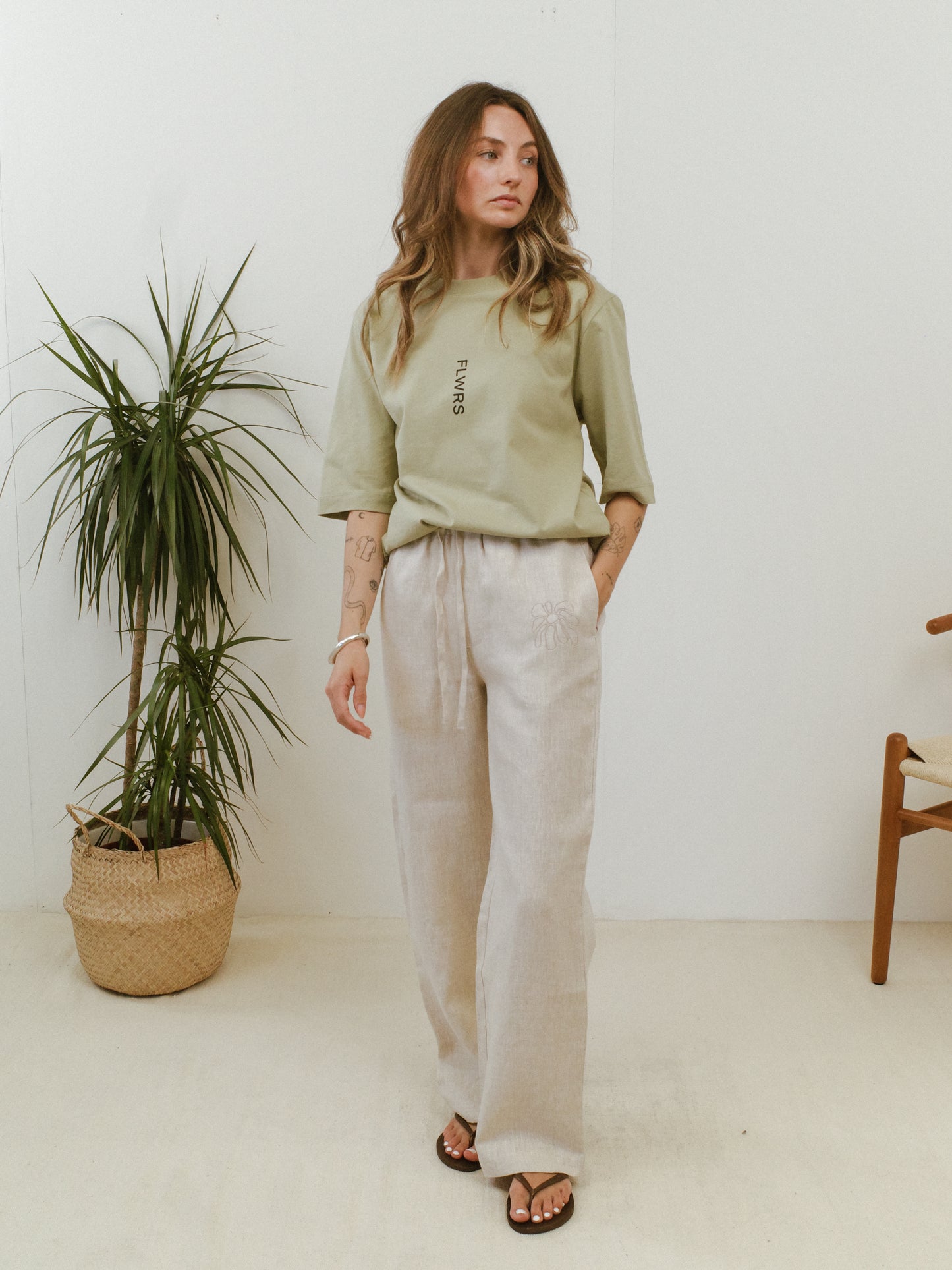 FLWRS Embroidered Linen Trousers - Natural