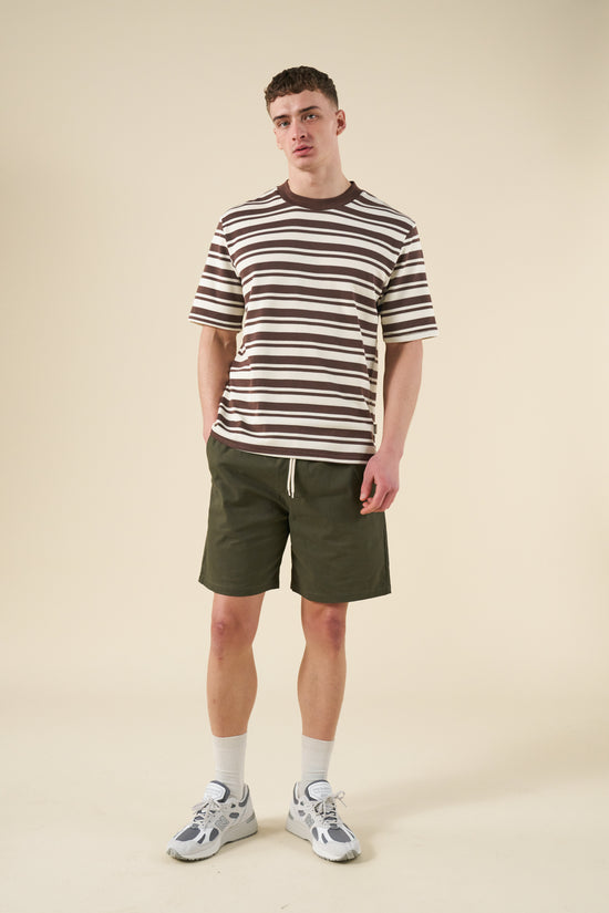 bound Pique Stripe Tee - Brown/Ecru