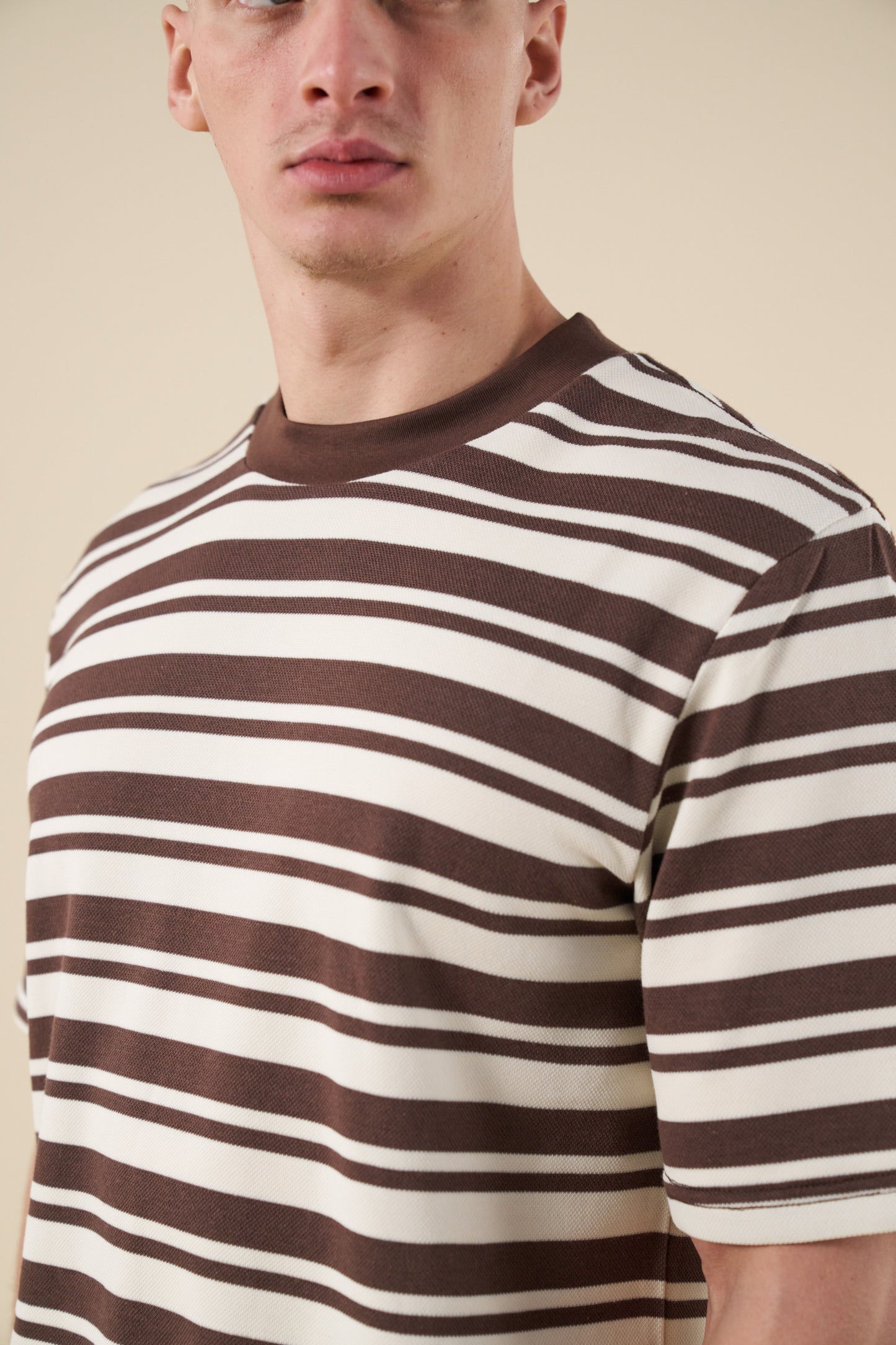 bound Pique Stripe Tee - Brown/Ecru