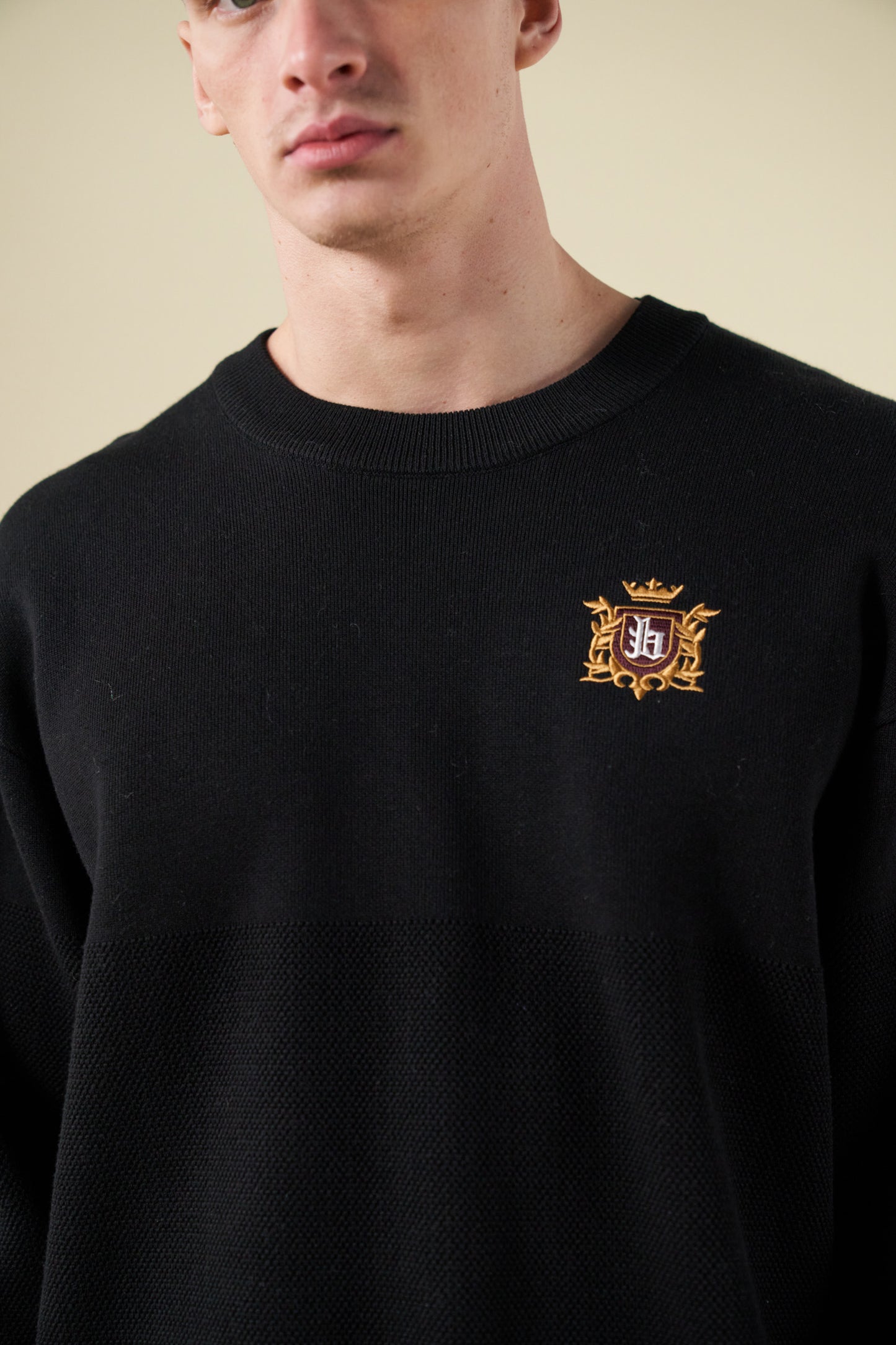 bound Crest Panel Knit Sweater - Black