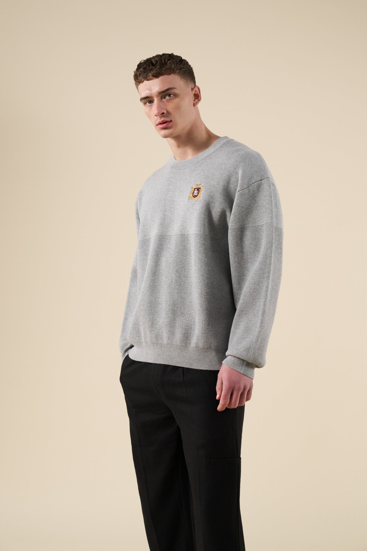bound Crest Panel Knit Sweater - Heather Grey
