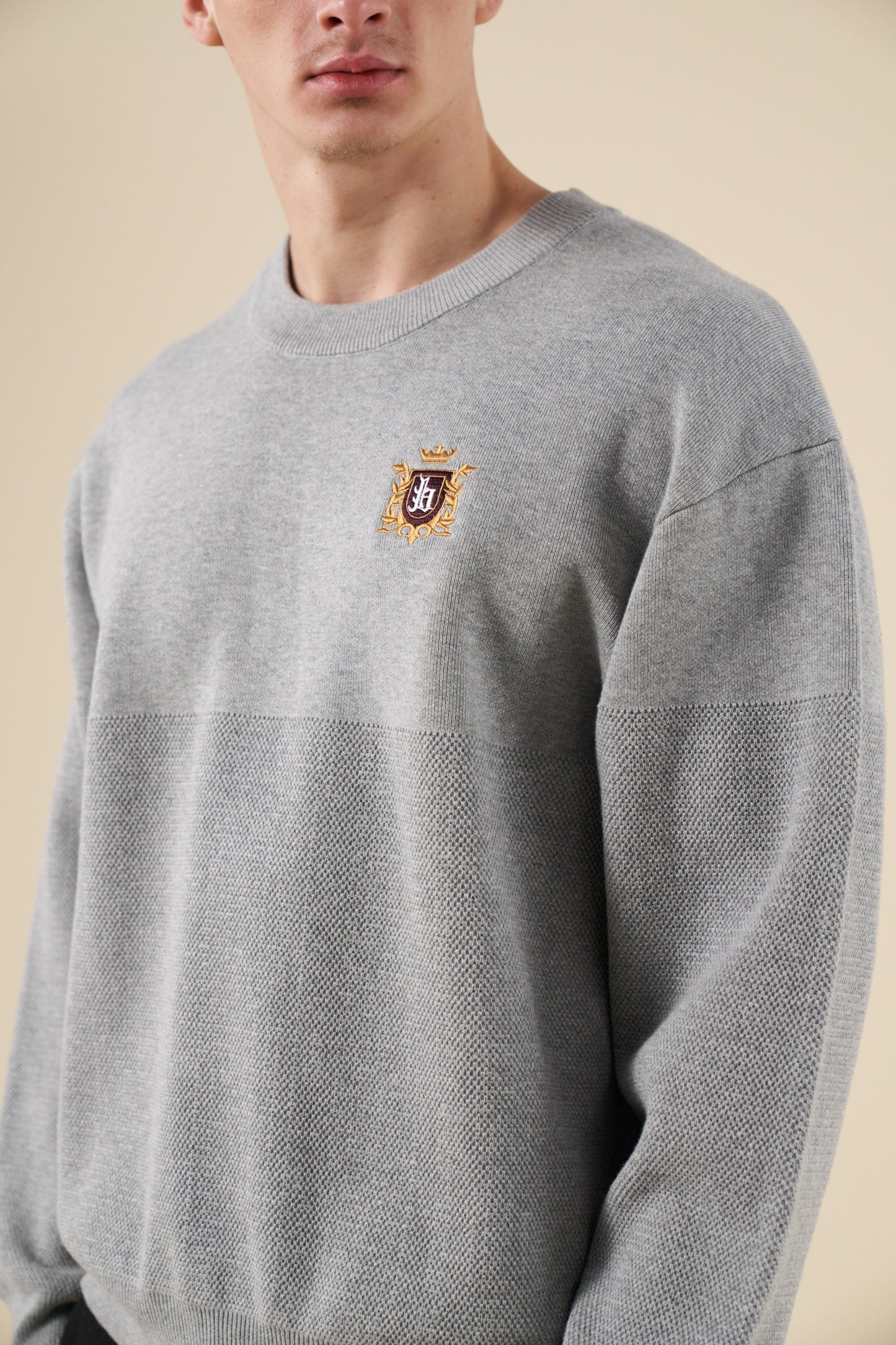 bound Crest Panel Knit Sweater - Heather Grey