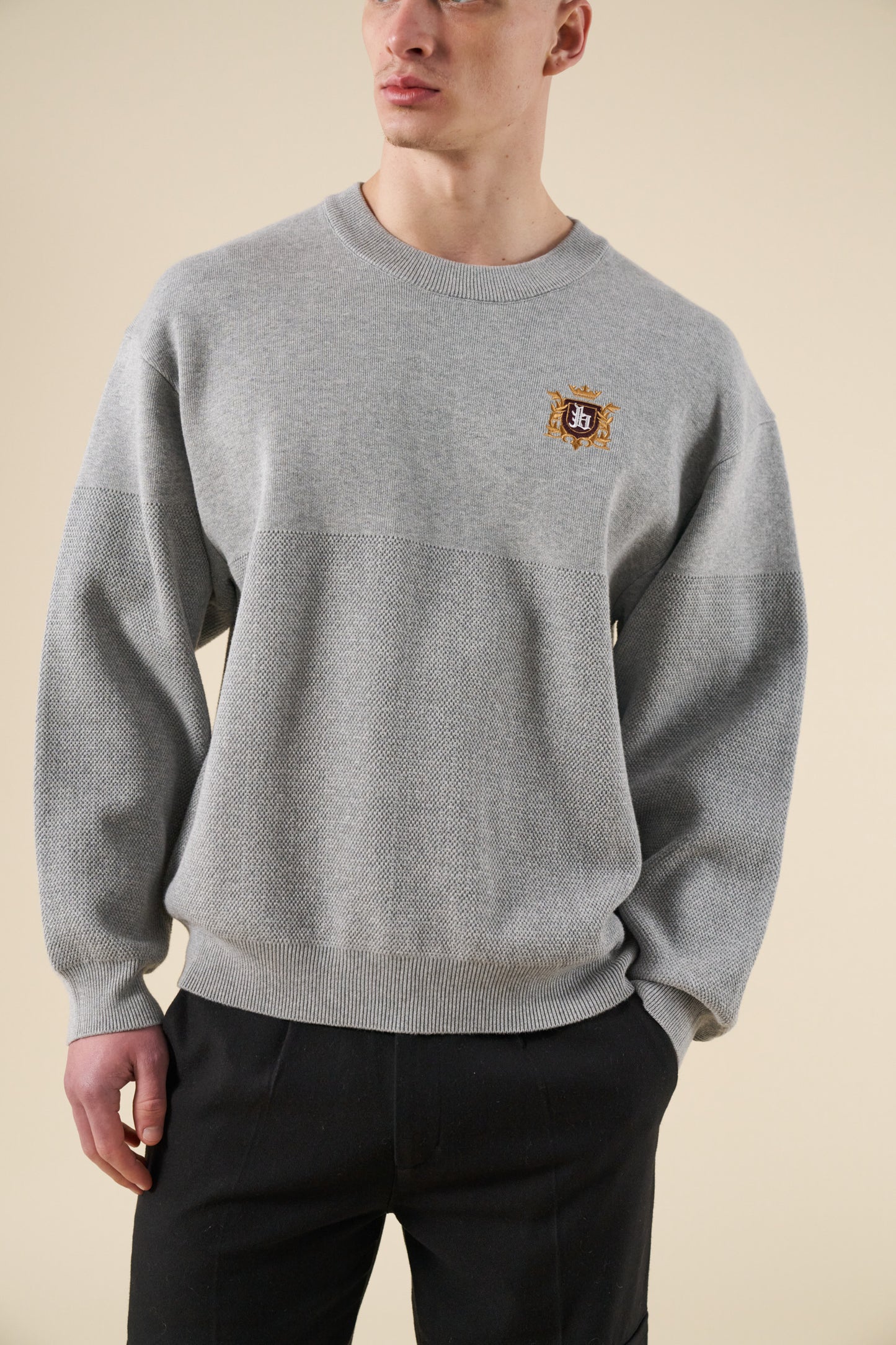 bound Crest Panel Knit Sweater - Heather Grey