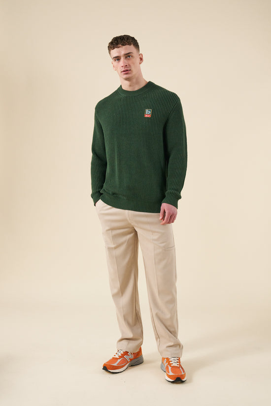 bound Retro Fisherman Rib Knit Sweater - Green