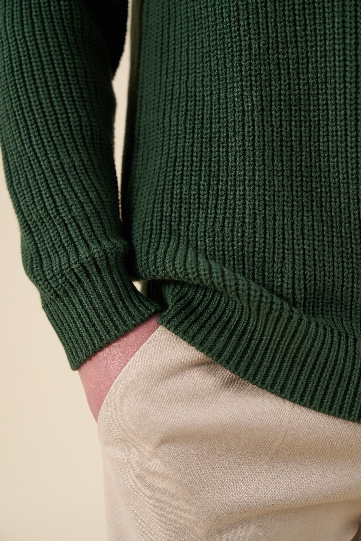 bound Retro Fisherman Rib Knit Sweater - Green