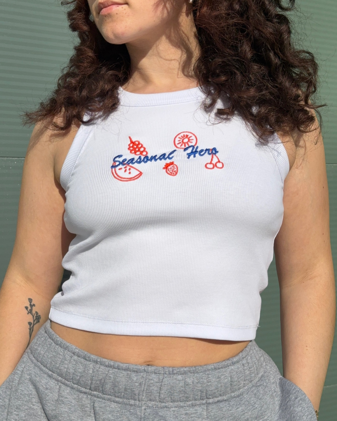 Seasonal Hero 'Fruits' Embroidered Crop Rib Organic Tank - White