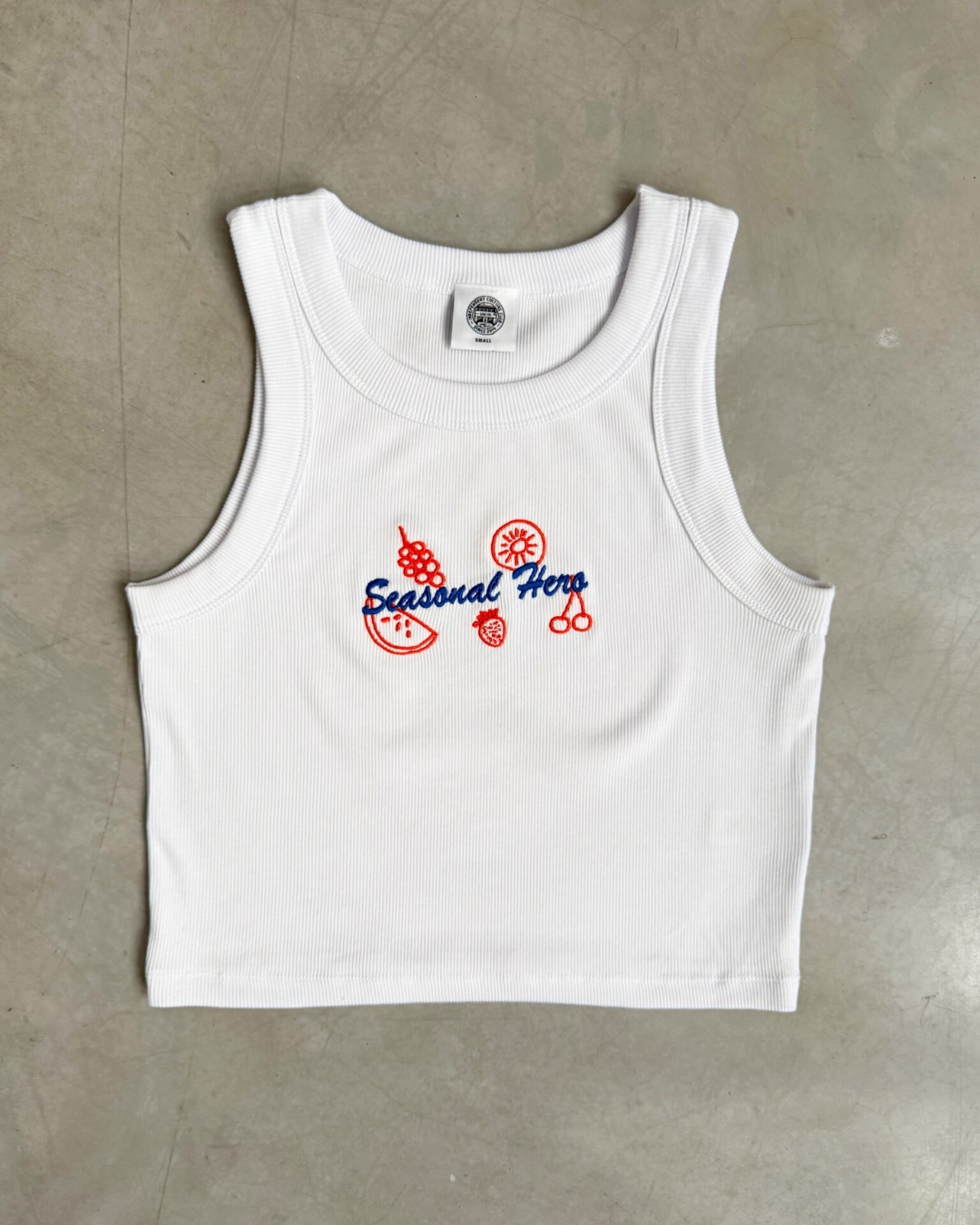 Seasonal Hero 'Fruits' Embroidered Crop Rib Organic Tank - White