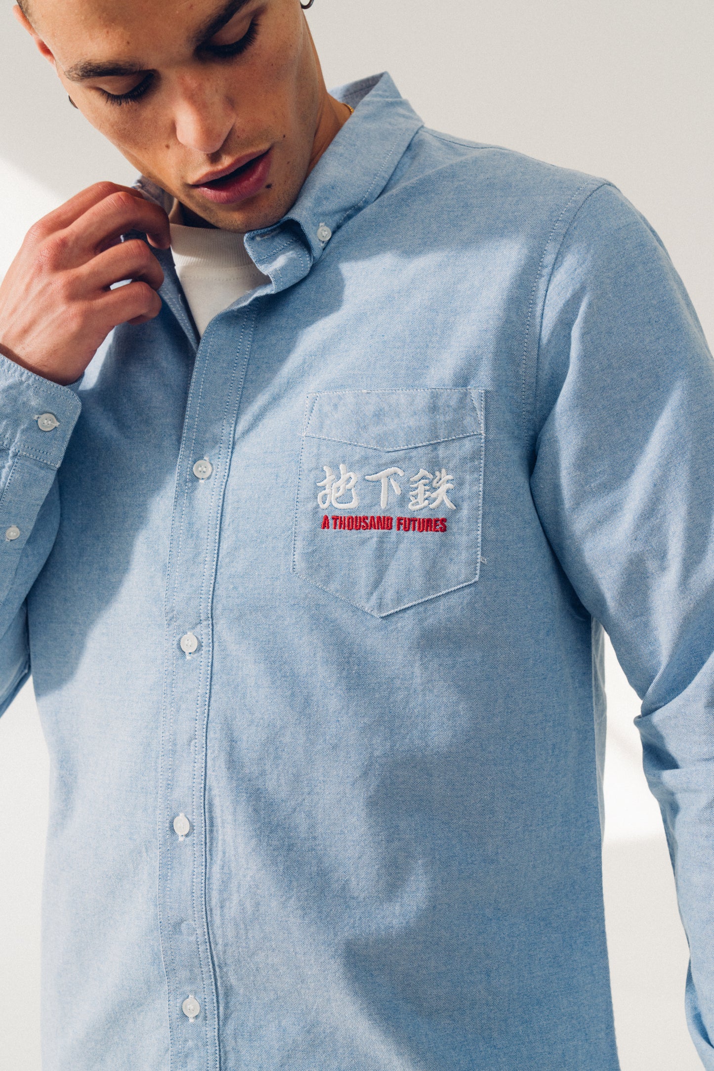 A Thousand Futures 'Logo' Cotton Oxford Shirt - Classic Blue