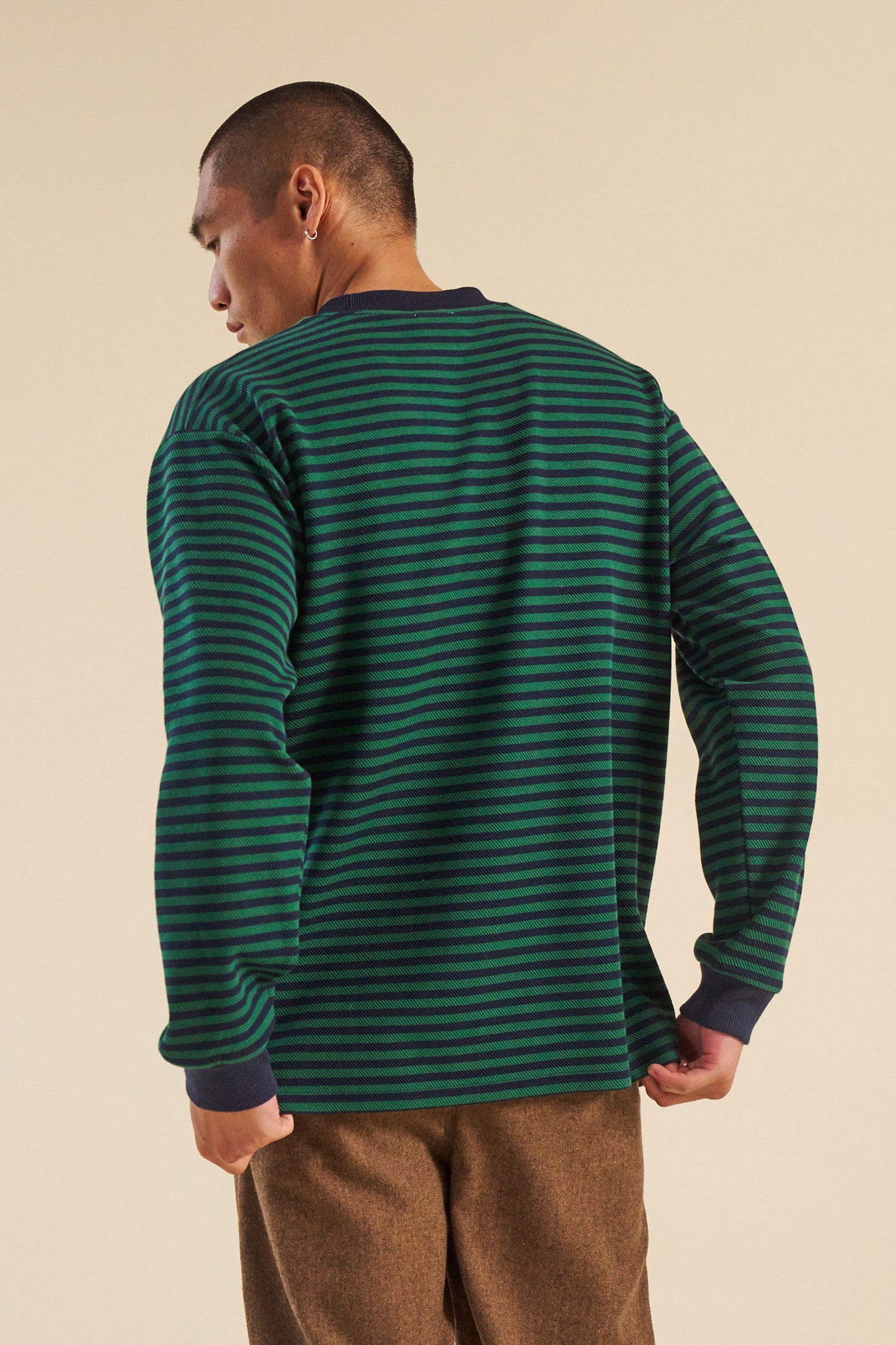 bound Navy & Green Textured Stripe LS Tee