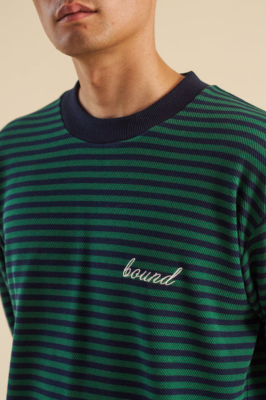 Load image into Gallery viewer, bound Navy &amp;amp; Green Textured Stripe LS Tee
