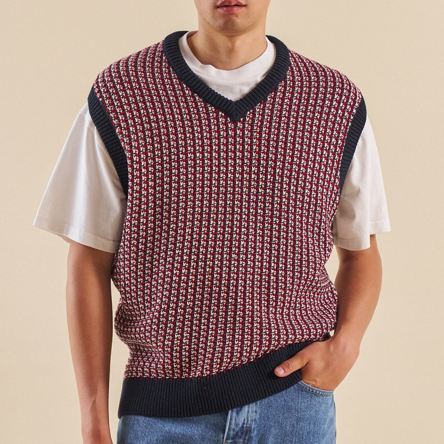 bound Knitted Crochet Vest - Blue/Red
