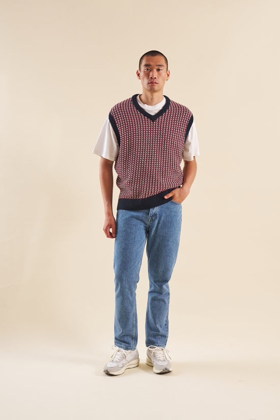 bound Knitted Crochet Vest - Blue/Red