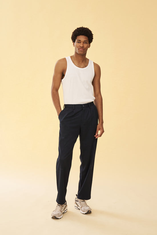 bound Pleated Smart Trousers - Navy