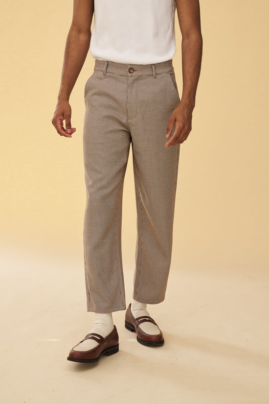 bound Dogtooth Woven Cropped Trousers - Latte