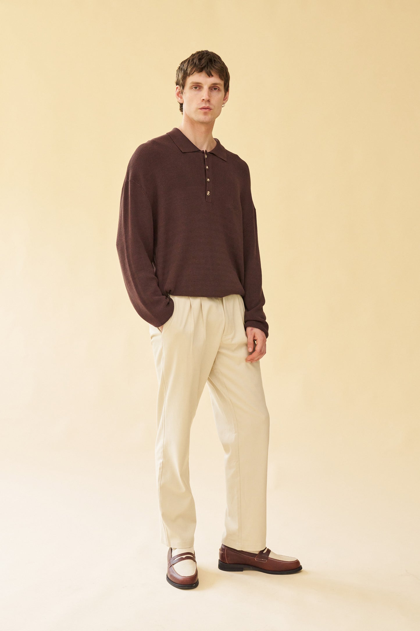 bound 'Ennio' LS Knit Polo - Brown