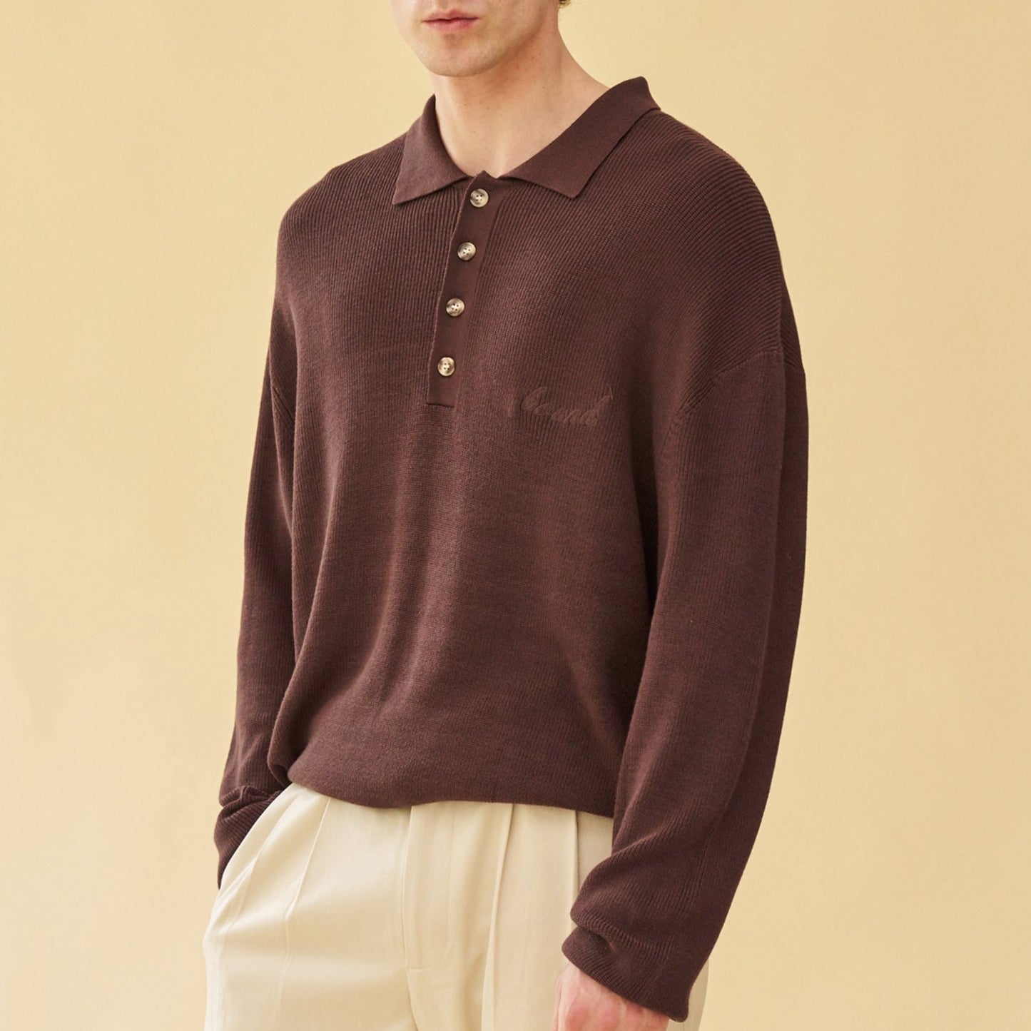 bound 'Ennio' LS Knit Polo - Brown