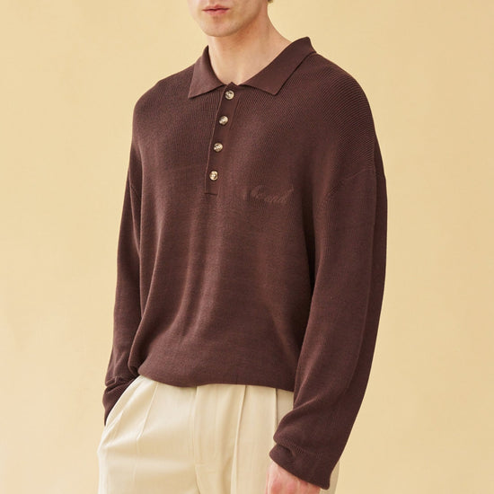 bound 'Ennio' LS Knit Polo - Brown