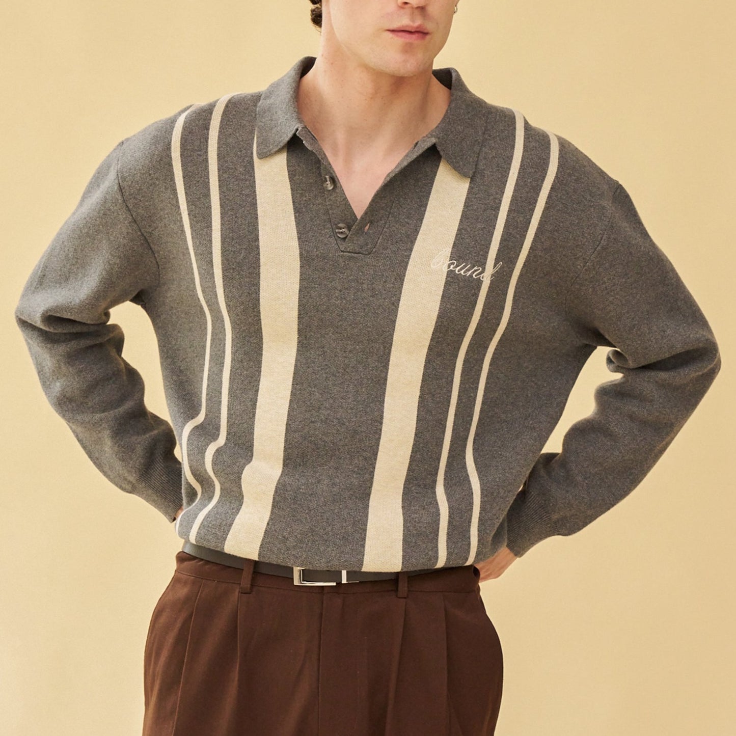 bound 'Aprile' LS Knit Polo - Grey
