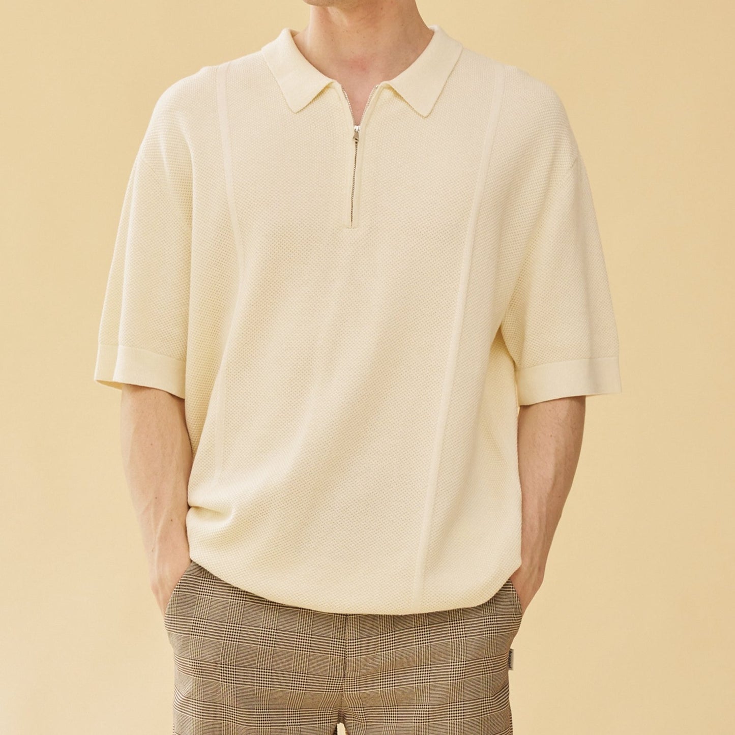 bound 'Arthur' 1/4 Zip Waffle Knit Polo - Ecru