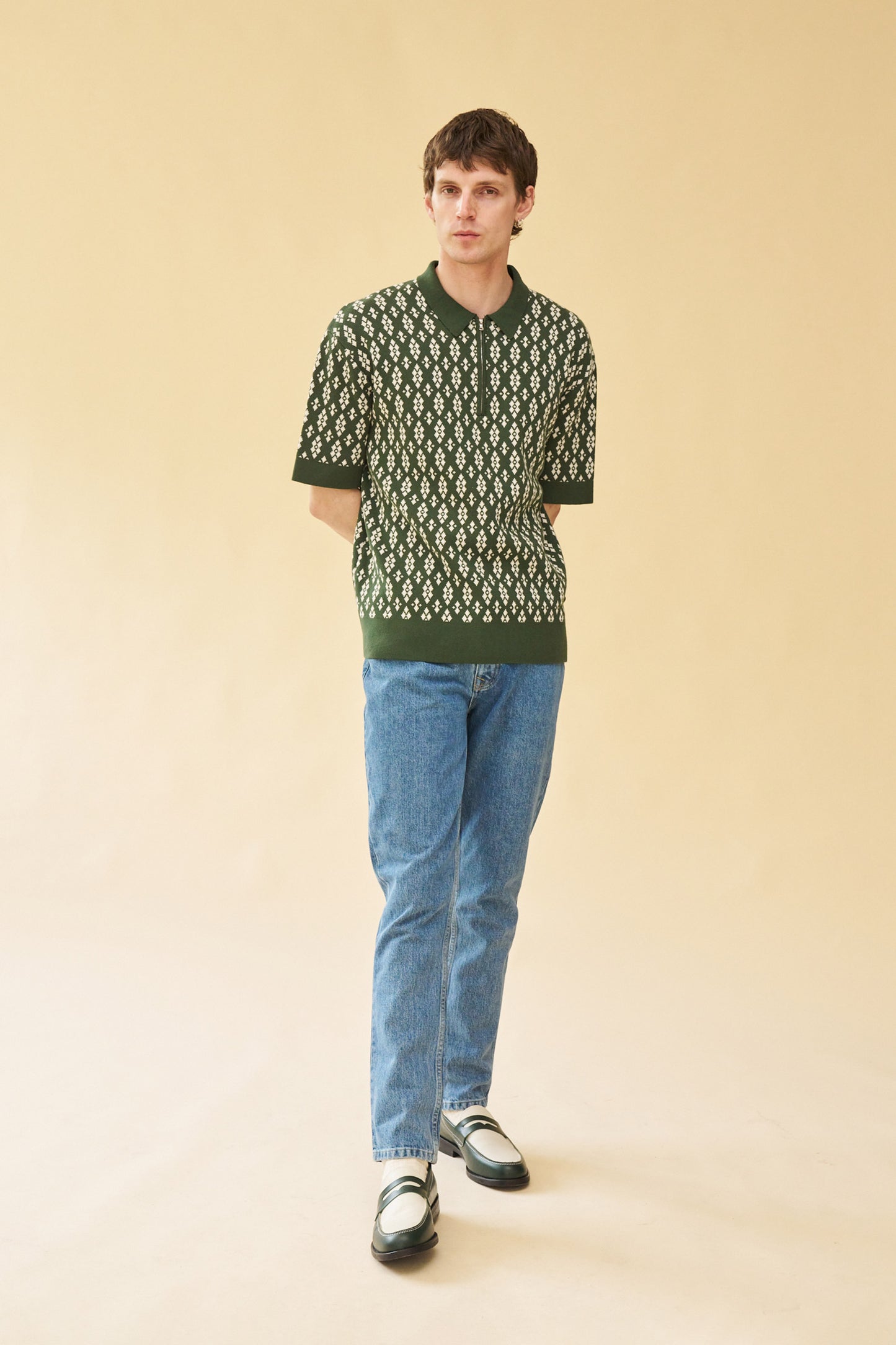 bound 'Theodore' 1/4 Zip Heavy Knit Polo - Green