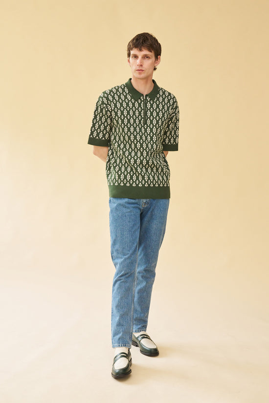 bound 'Theodore' 1/4 Zip Heavy Knit Polo - Green