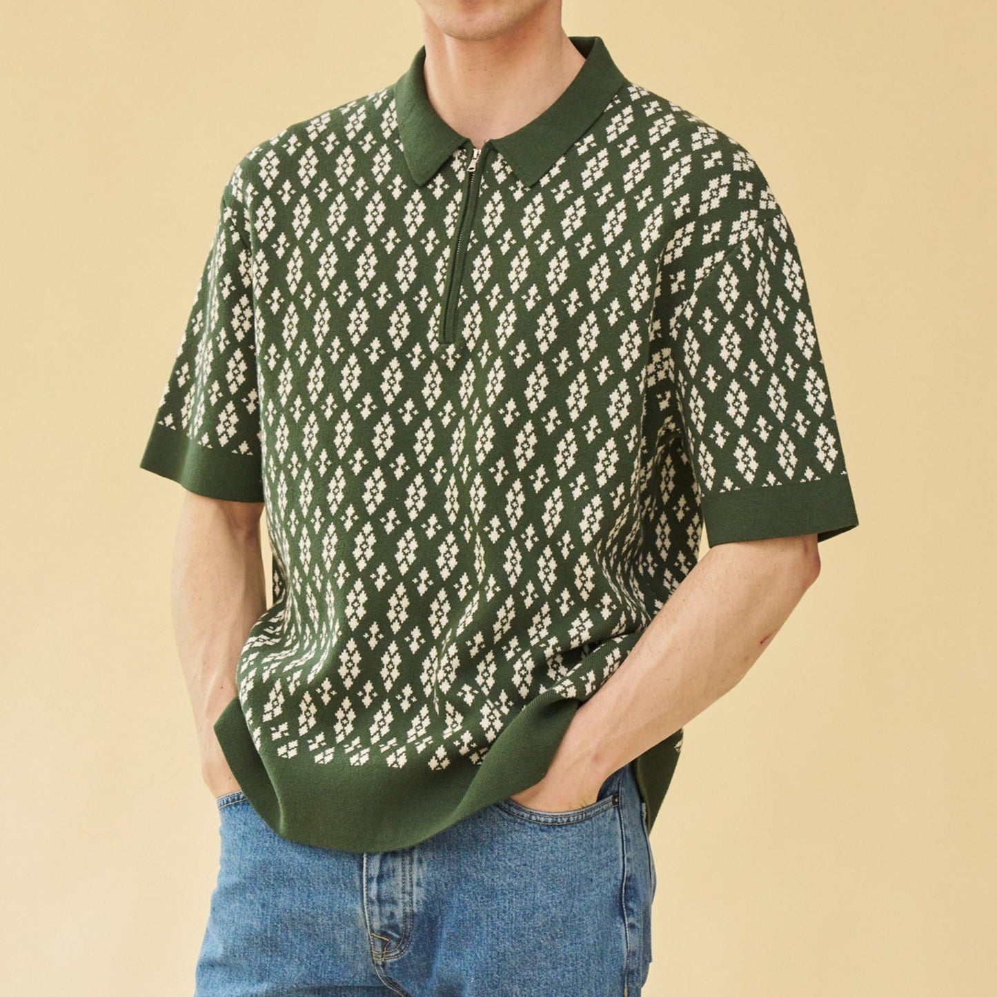 bound 'Theodore' 1/4 Zip Heavy Knit Polo - Green