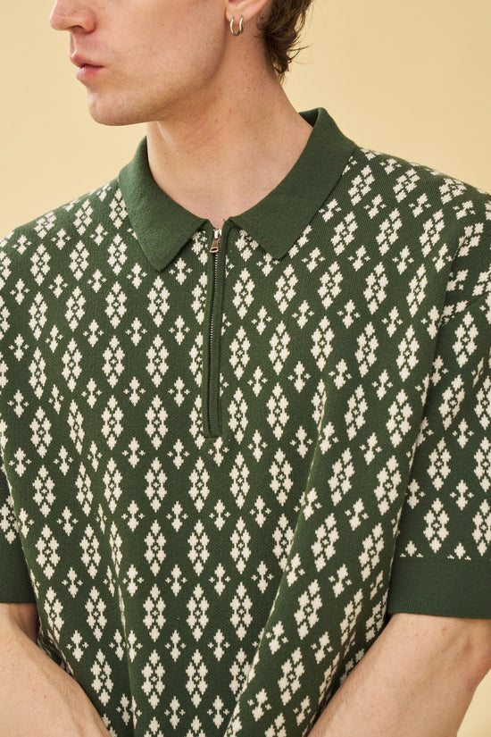 bound 'Theodore' 1/4 Zip Heavy Knit Polo - Green