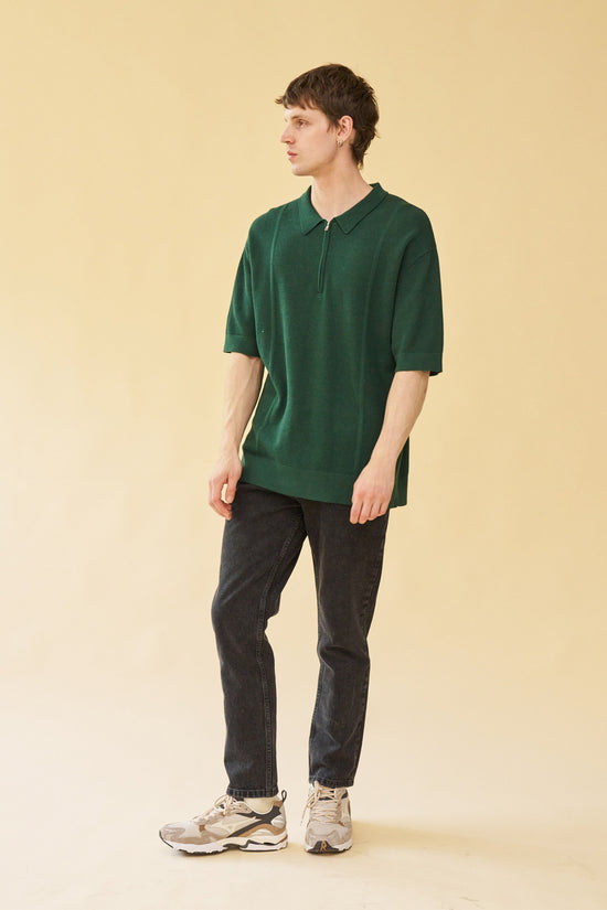 bound 'Arthur' 1/4 Zip Waffle Knit Polo - Bottle Green