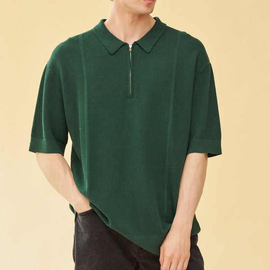 bound 'Arthur' 1/4 Zip Waffle Knit Polo - Bottle Green