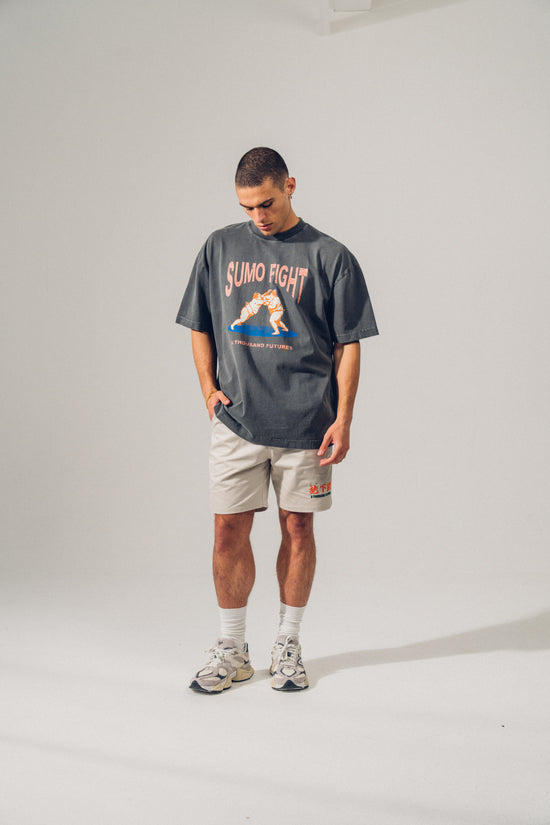 Load image into Gallery viewer, A Thousand Futures &amp;#39;Sumo Fight&amp;#39; Vintage Washed Tee - Charcoal
