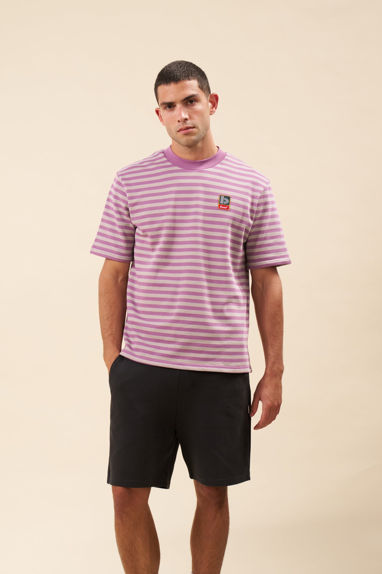 bound Stripe Retro Patch Tee - Mauve