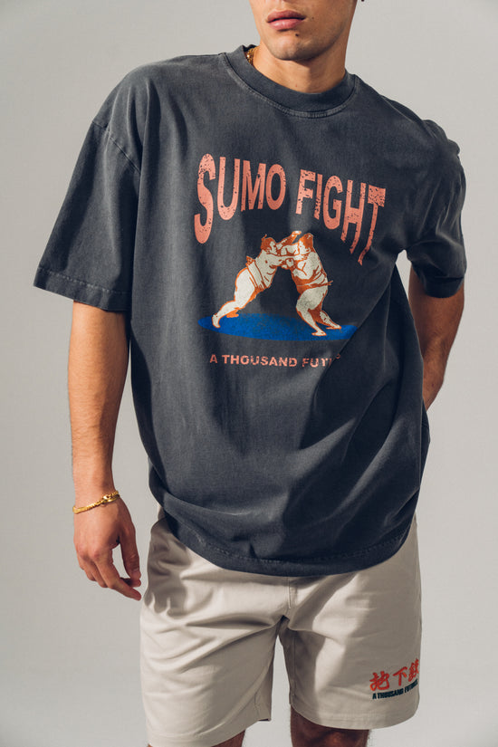 Load image into Gallery viewer, A Thousand Futures &amp;#39;Sumo Fight&amp;#39; Vintage Washed Tee - Charcoal
