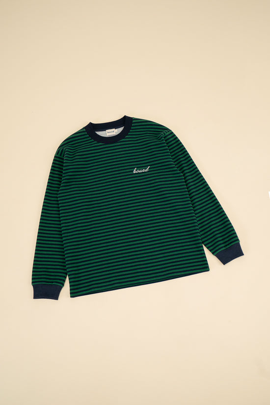 Load image into Gallery viewer, bound Navy &amp;amp; Green Textured Stripe LS Tee
