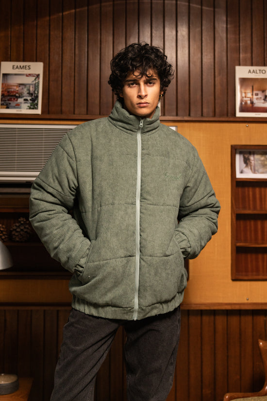 bound Dark Sage Cord Puffer Coat