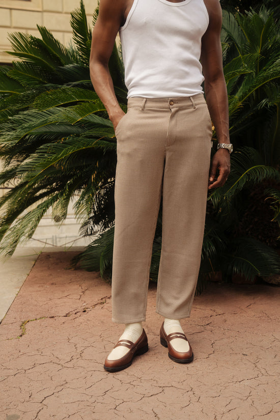 bound Dogtooth Woven Cropped Trousers - Latte