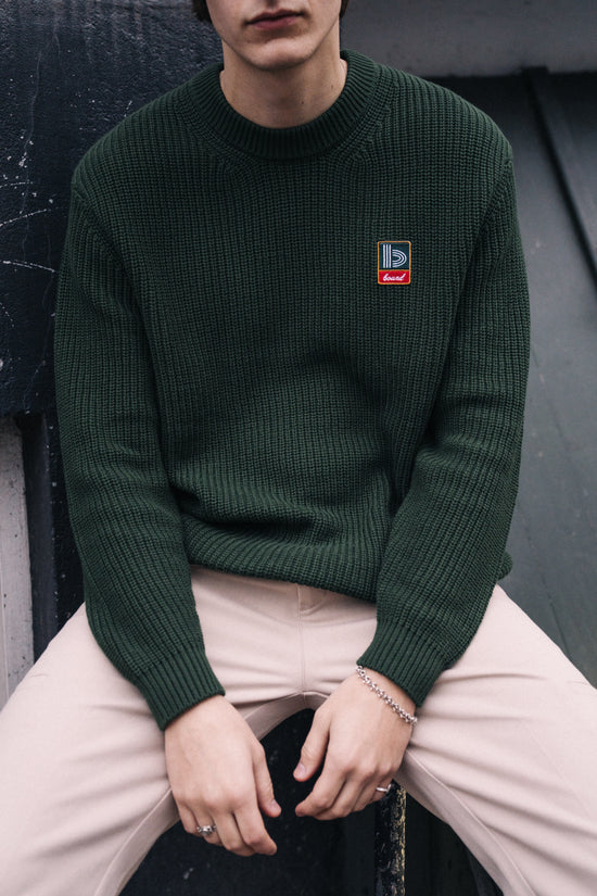 bound Retro Fisherman Rib Knit Sweater - Green