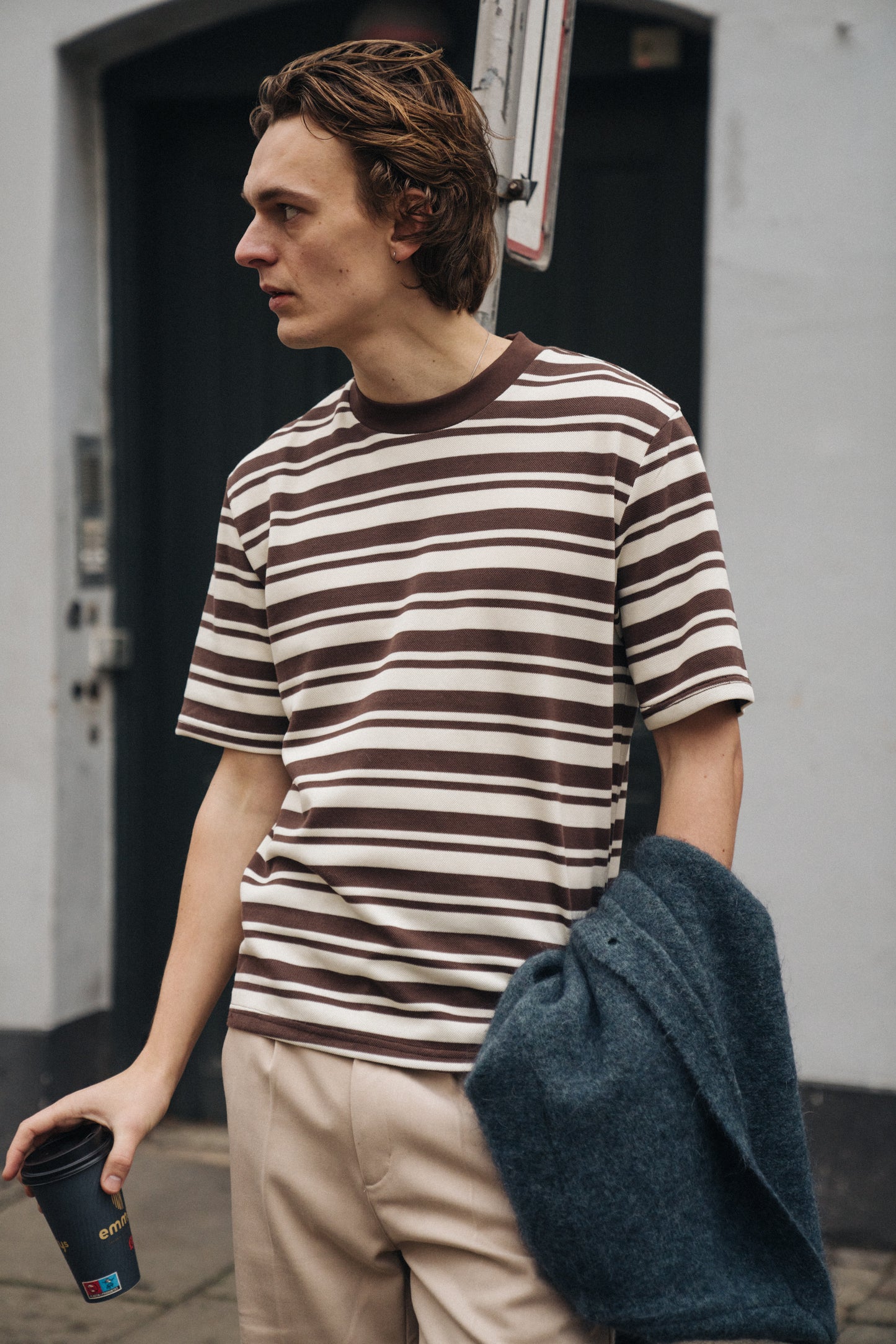 bound Pique Stripe Tee - Brown/Ecru