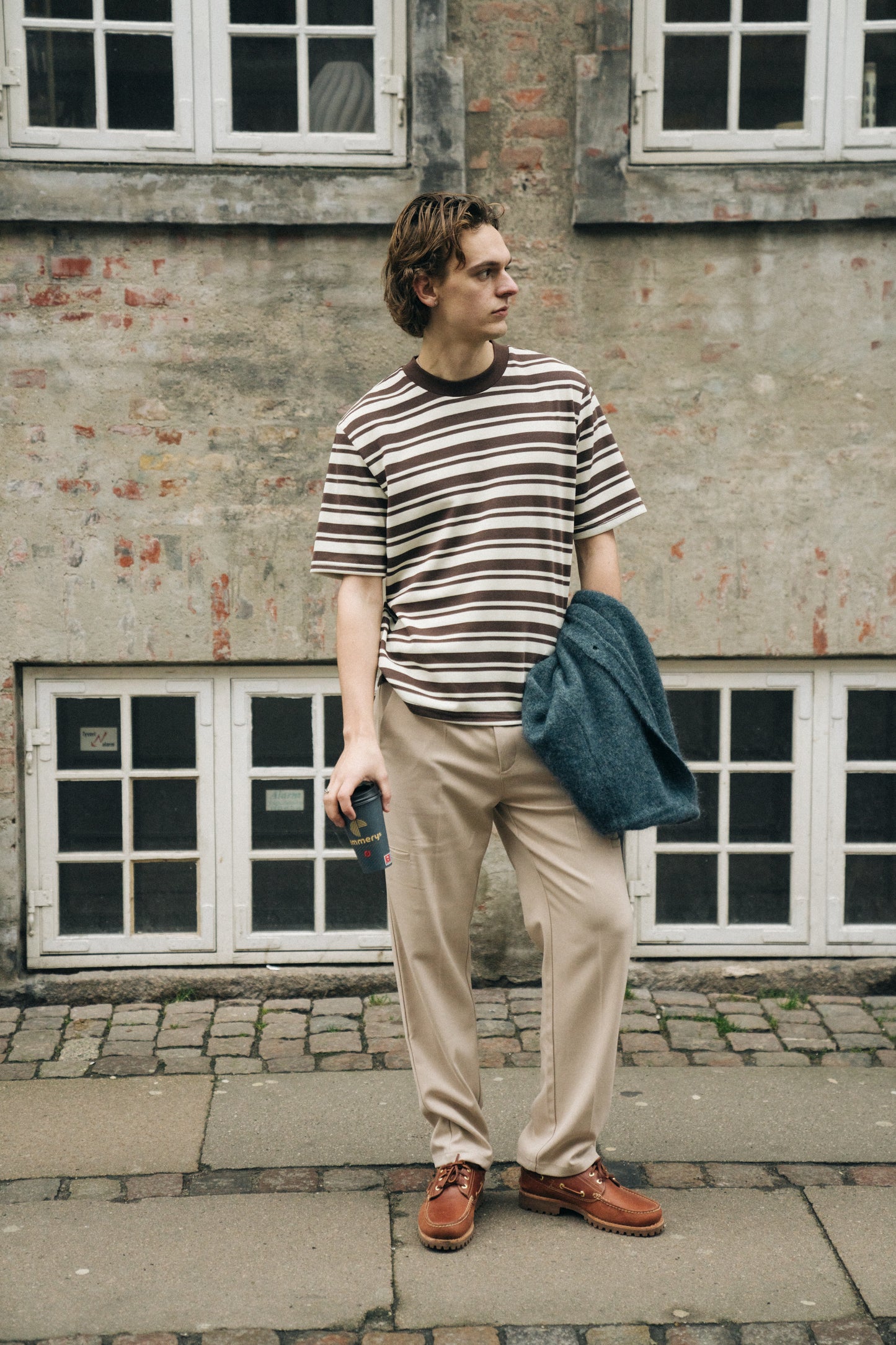 bound Pique Stripe Tee - Brown/Ecru