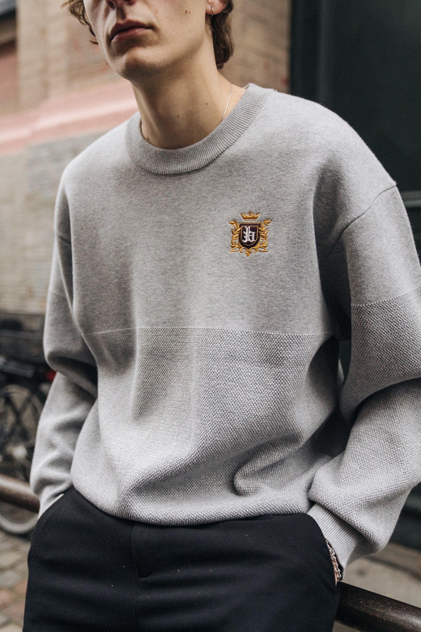 bound Crest Panel Knit Sweater - Heather Grey