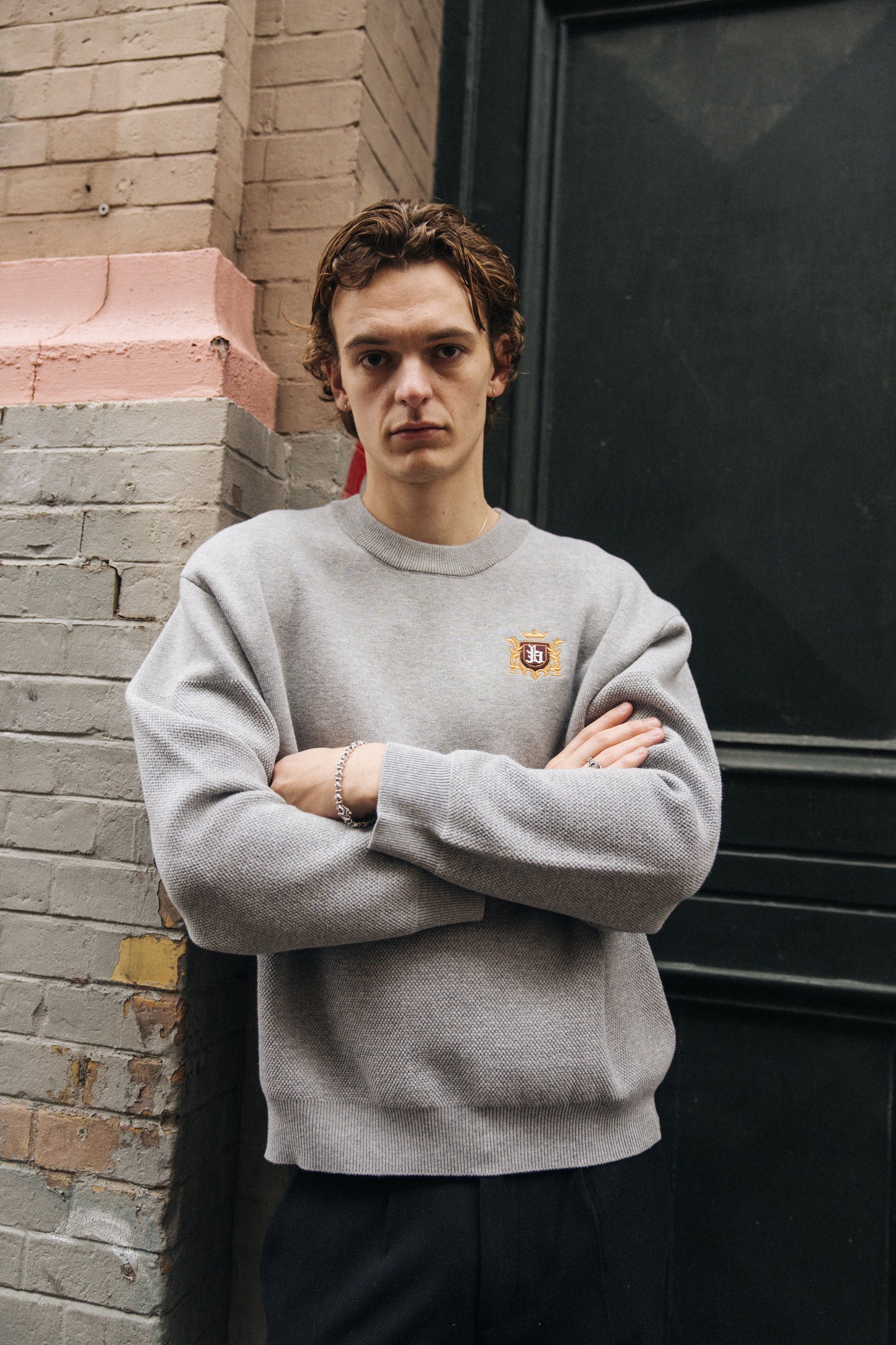 bound Crest Panel Knit Sweater - Heather Grey