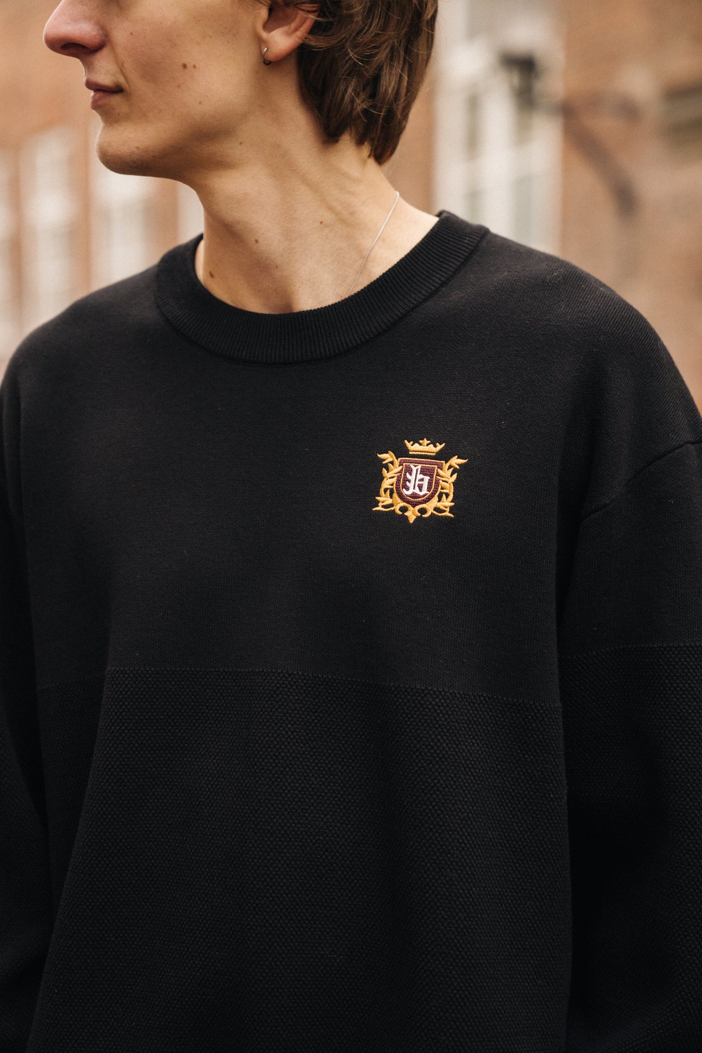 bound Crest Panel Knit Sweater - Black
