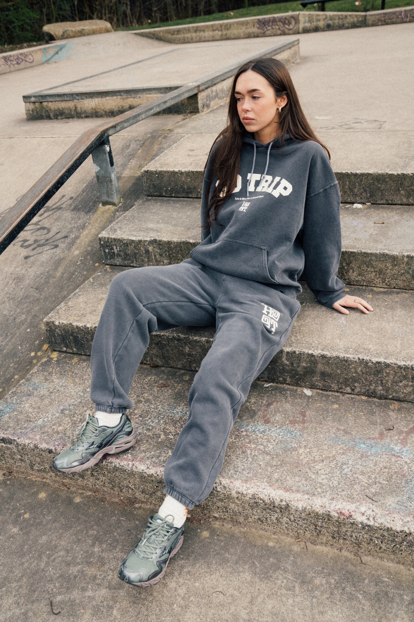 HAVE A GD TRIP 'Varsity' Vintage Washed Hoodie - Charcoal