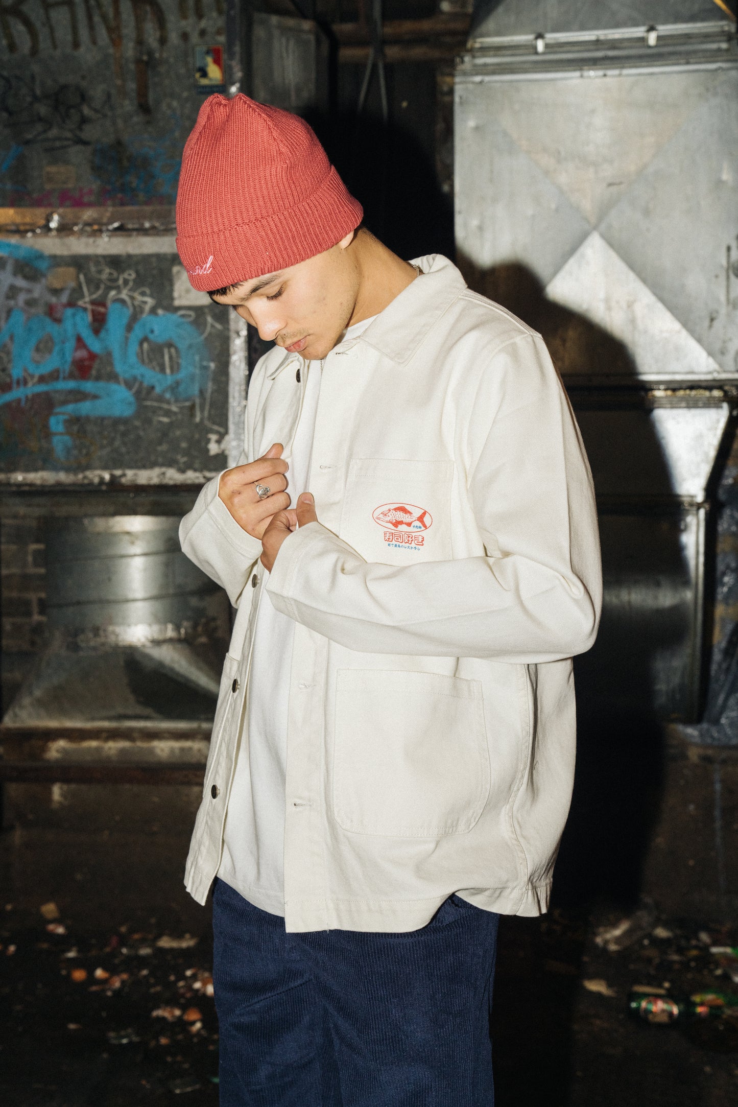 A Thousand Futures 'Tsukiji ' Chore Jacket - Vintage White Denim