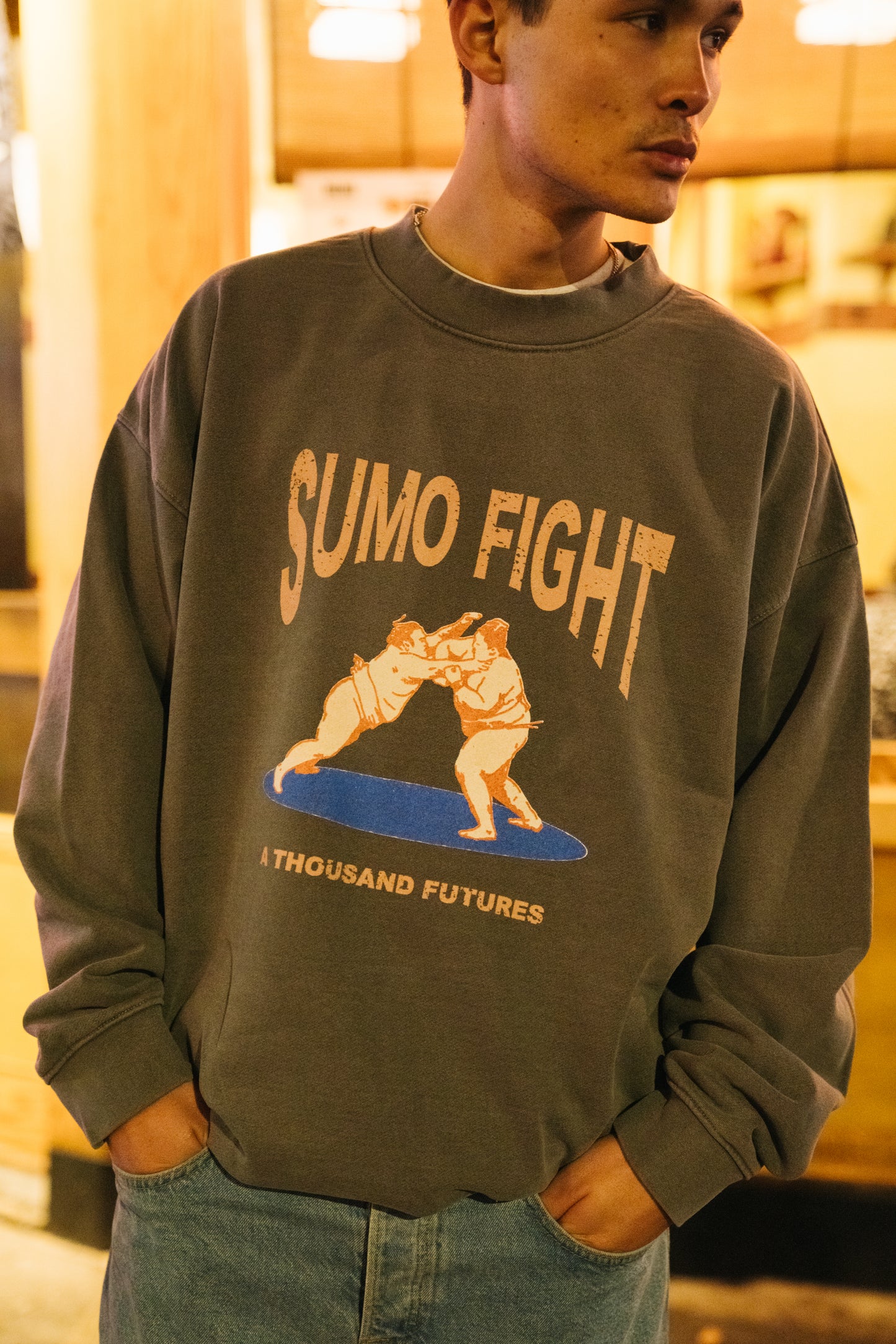 A Thousand Futures 'Sumo Fight' Vintage Washed Sweater - Charcoal