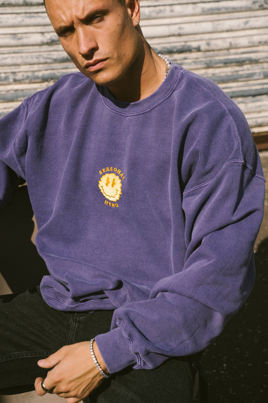 Seasonal Hero 'Trippy Smiler' Embroidered Vintage Washed Sweater - Violet