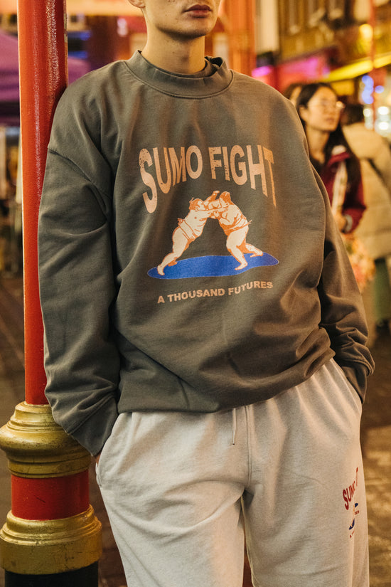Load image into Gallery viewer, A Thousand Futures &amp;#39;Sumo Fight&amp;#39; Vintage Washed Sweater - Charcoal
