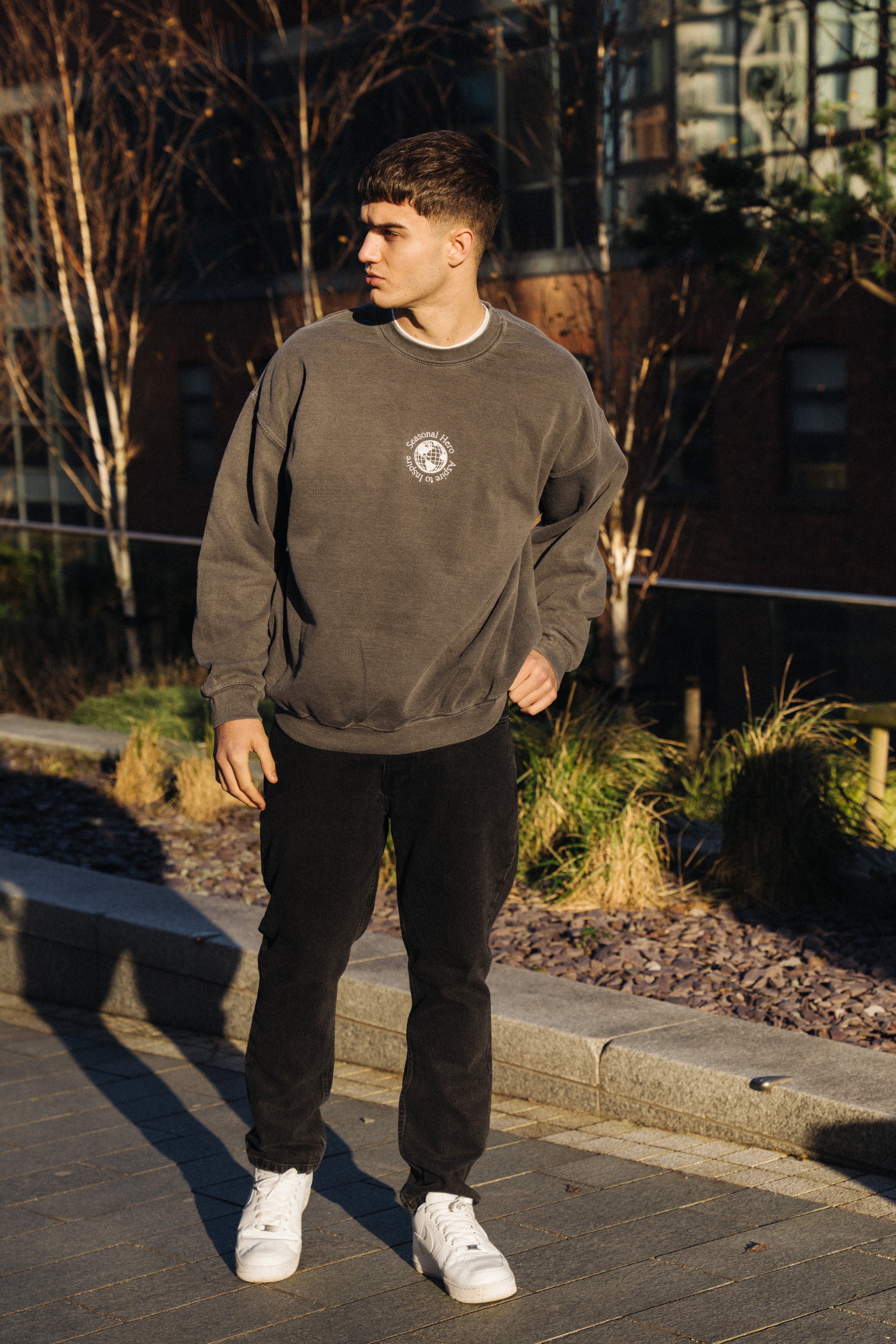 Seasonal Hero 'Aspire' Embroidered Vintage Washed Sweater - Charcoal ...